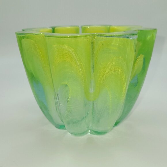 Ecoglass Recycled Glass Candle Holder from Spain. Green and Yellow. 3.5" - Picture 1 of 3